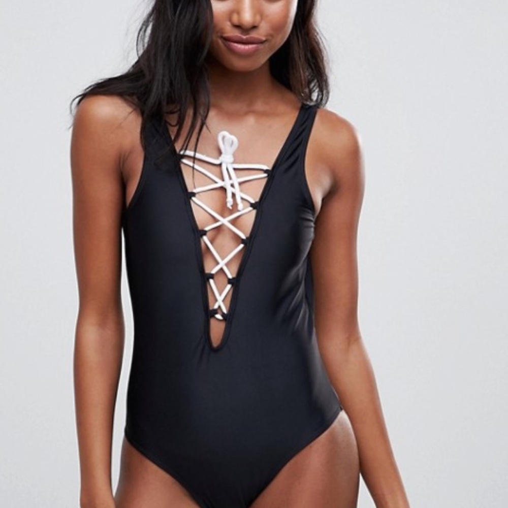 Brave Soul Asos Front Tie Up One Piece Swimsuit